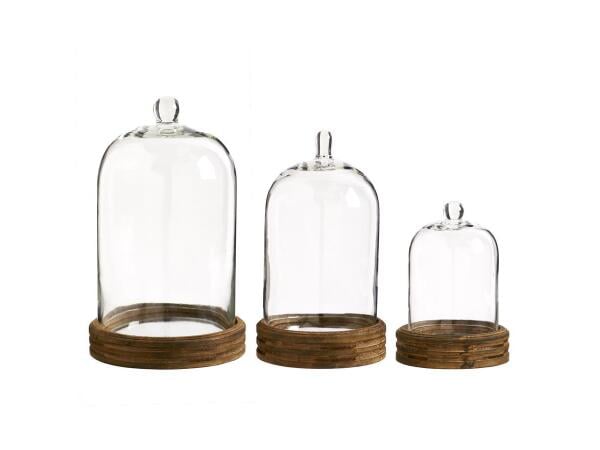 Set of 3 Glass Cloche W/Knob Top On Round Wood Mirrored Base Accessories K&K Interiors